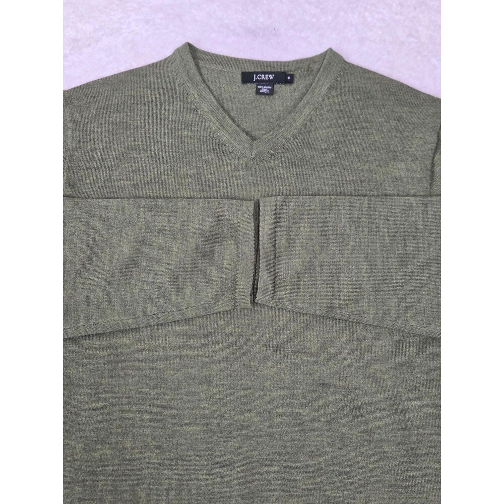 J Crew Sweater Mens Medium Green 100% Merino Wool V‎ Neck Knit Pullover Academia